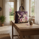 Borsa a Spalla Trapuntata Viola con Colibrì e Orchidee